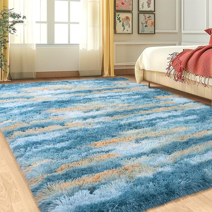 Fluffy Rugs for Living Room Bedroom, 5x7 Feet Abstract Blue Shag Area Rugs - Image 8