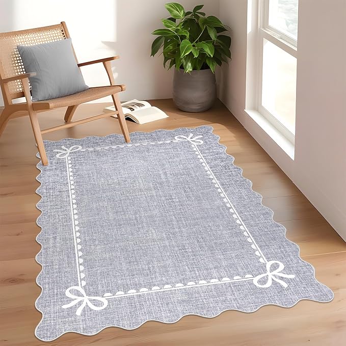 GarveeHome Scalloped Bow Rug for Living Room, Solid Grey Rug for Dorm, Washable - Image 2