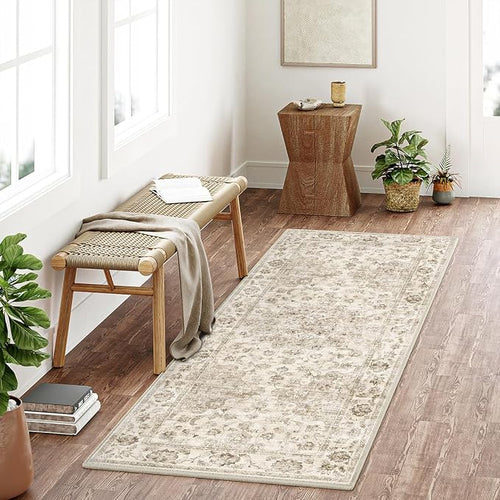 2x4 Washable Neutral Runner Rug Beige Vintage Hallway Kitchen Carpet Non-Slip - Image 2