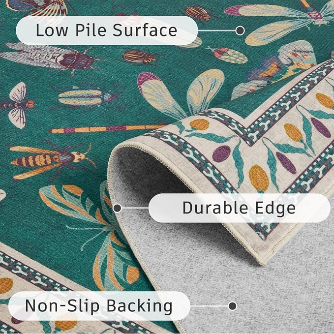 DCX 5x7 Washable Insect Rug, Vintage Gothic Deep Teal Rug - Image 6