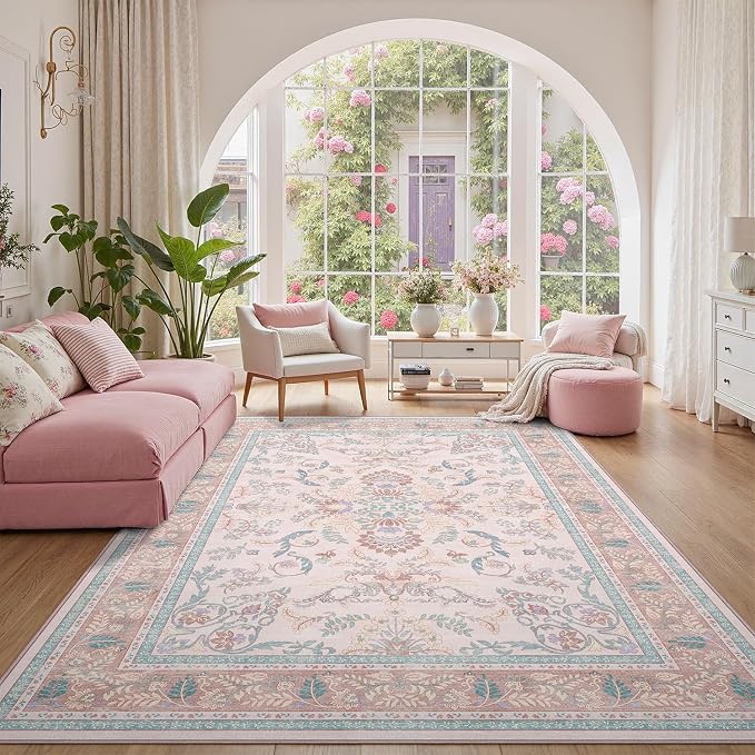 DCX 9x12 Pink Vintage Floral Rug, Machine Washable Non Slip Low Pile Carpet - Image 8