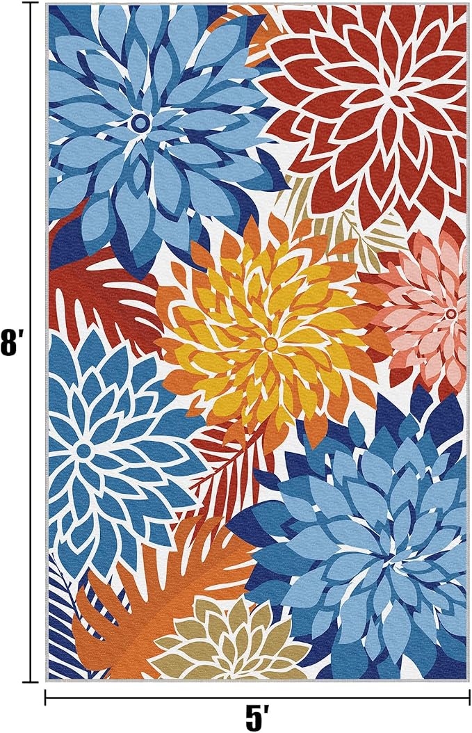 Colorful 5x8 Outdoor Area Rug Washable Multicolored Patio Rug Tropical - Image 2