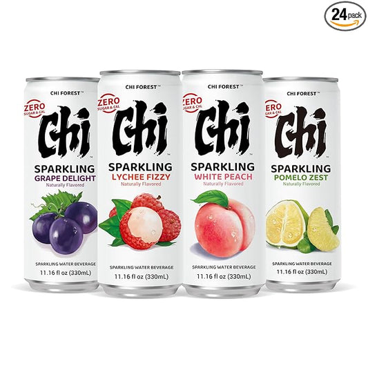 CHI FOREST Sparkling Water Beverage, 4 Flavors Variety Pack, Zero Sugar, 11.16 fl oz Cans (Pack of 24)