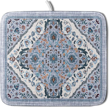 Boho Flower Dish Drying Mat Blue Bohemian Dishes Drainer Rack Mat 16x18 Inch by Giwawa