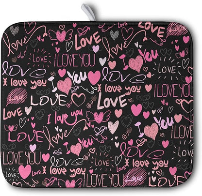 Mother's Day Dish Drying Mat for Kitchen Counter Love Heart Black Drying Mats by Kwlegh