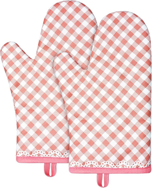 AUAUY Pink Oven Mitts, Kitchen Mittens, 392F Heat Resistant Non-Slip Gloves by AUAUY