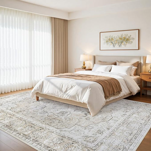 8x10 Area Rugs for Living Room:Beige Washable Vintage Medallion Carpet Non-Slip - Image 2