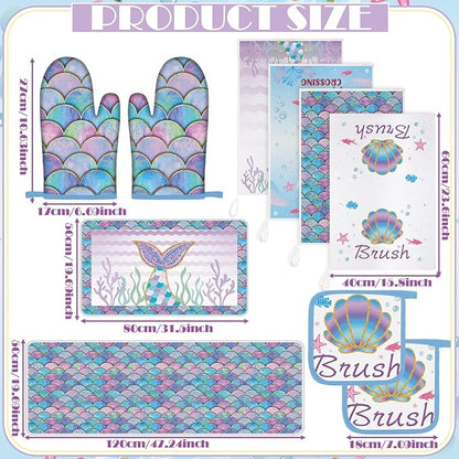 Fourluoo 10 Pcs Mermaid Kitchen Dish Towels Rugs Oven Mitts and Pot Holders Set - Image 3