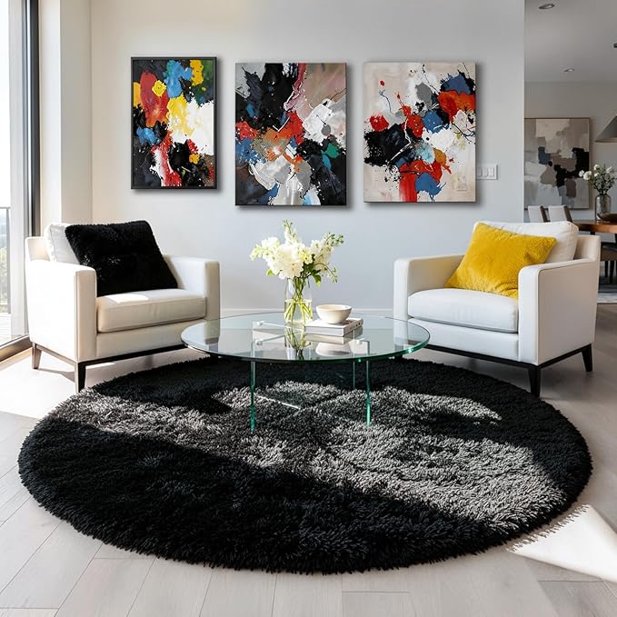 Black Round Rugs 5Ft for Bedroom Aesthetic, Fluffy Plush Circle Area Rugs for - Image 5