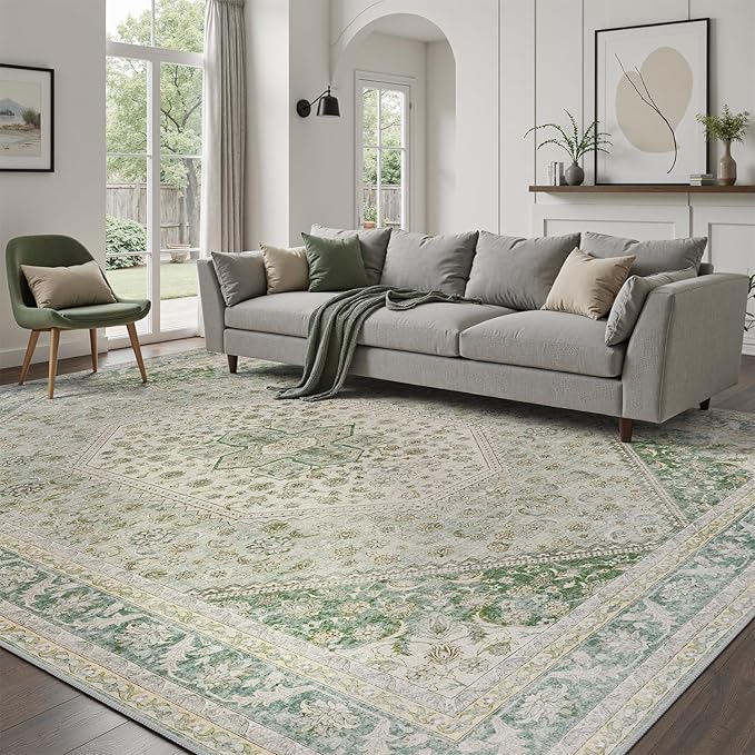 DCX Green 5x7 Area Rug, Machine Washable Non Slip Stain Resistant Vintage Rug - Image 2