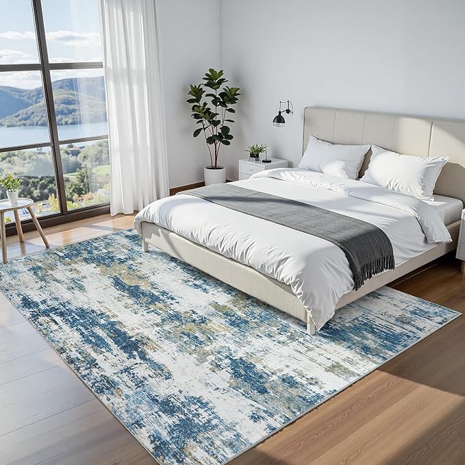 Area Rug 9x12 Living Room Rug Washable: No-Slip Abstract Soft Thin Large Blue - Image 5
