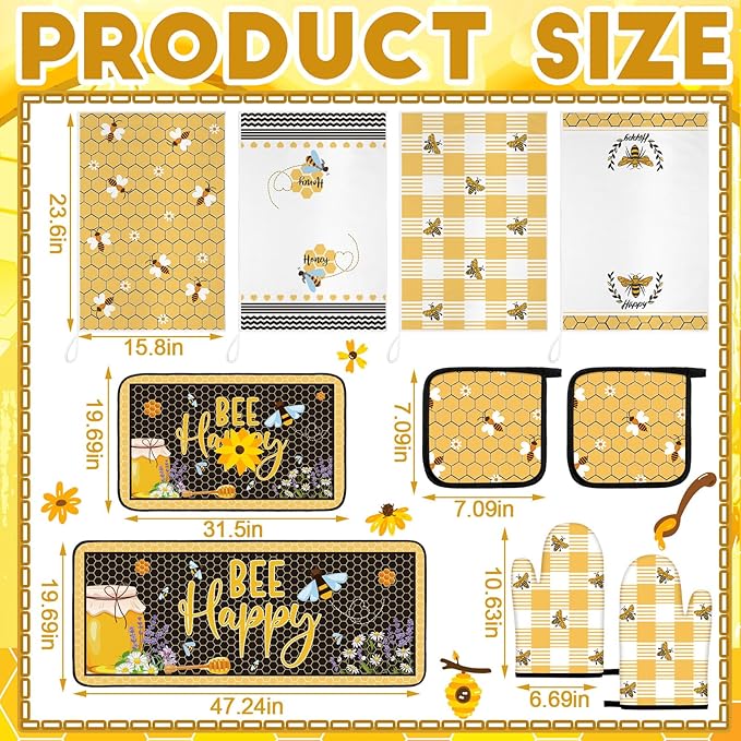 Fourluoo 10 Pcs Bee Themed Kitchen Decor Set Dish Towels Kitchen Rugs Oven - Image 3