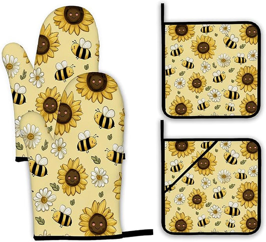 Sunflower Bee Oven Mitts and Pot Holders Set, Daisy Kitchen Oven Gloves and Pot by Unknown