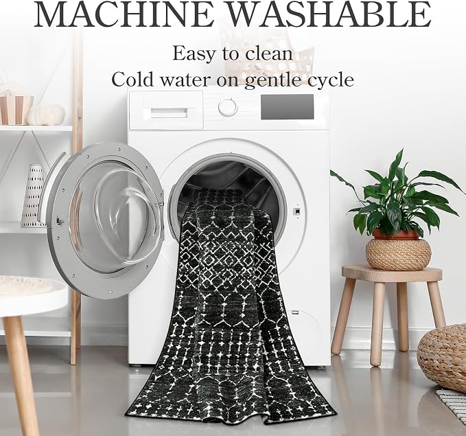 Lahome Moroccan Black Washable Runner 2x5 Non-Slip Lightweight Laundry Room Rug - Image 4