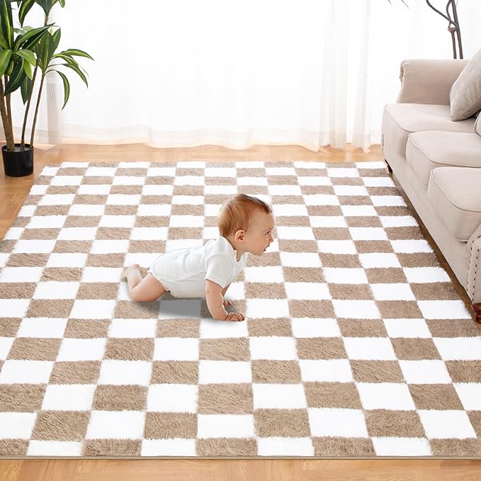 Super Soft Rug for Bedroom, 5x8 Ft Beige and White Area Rug Classic Checkered by TOOHUB