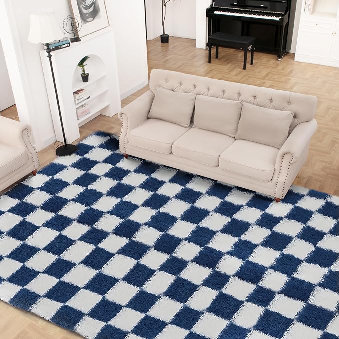 Super Soft Rug for Bedroom, 6x9 ft Blue and White Area Rug Classic Checkered - Image 7