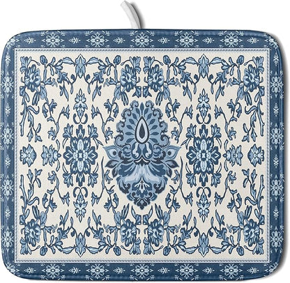 Blue Floral Dish Drying Mat for Kitchen Counter 16x18 Chinoiserie Flower Print by Aytipun