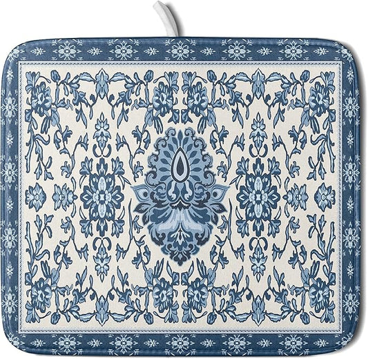 Blue Floral Dish Drying Mat for Kitchen Counter 16x18 Chinoiserie Flower Print by Aytipun