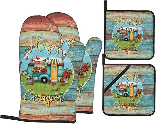 Happy Camper Oven Mitts and Pot Holders Sets of 4, Resistant Hot Pads by Nelife