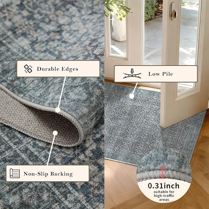 Latte&Fog 8x10 Area Rugs for Living Room, Large Vintage Blue Washable Rug - Image 7