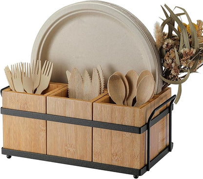 PTSTING Silverware Caddy Wood Utensil Holder Paper Plate Dispenser Silverware by PTSTING