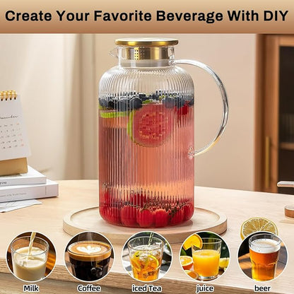 Buaic Glass Pitcher with Lid, 100 oz/ 3 Liter Classic Vertical Stripes Water - Image 5