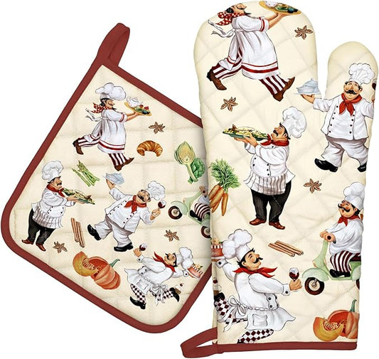 Chef Oven Mitts and Pot Holders Sets 2Pcs, 100% Cotton Heat Resistant, Extra by Arquiel