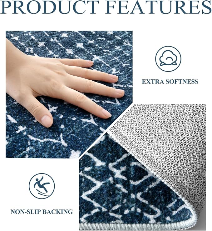 Lahome Moroccan Blue Area Rug 5x7 Machine Washable Non-Slip Throw Living Room - Image 5