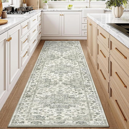 2x8 Washable Neutral Runner Rug Green Vintage Hallway Kitchen Carpet Non-Slip - Image 2