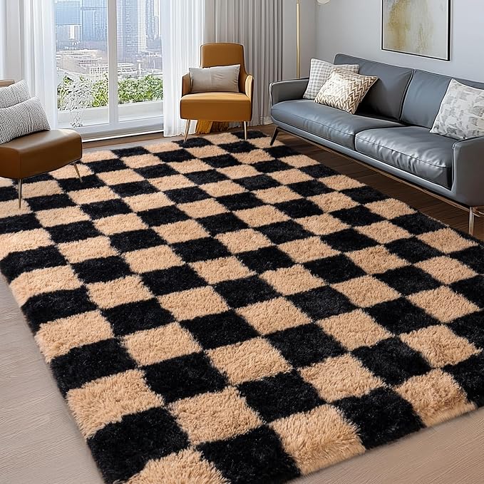Shag Rugs for Living Room 5x7, Ultra Soft Checkered Black Beige Big Fuzzy Rugs - Image 4