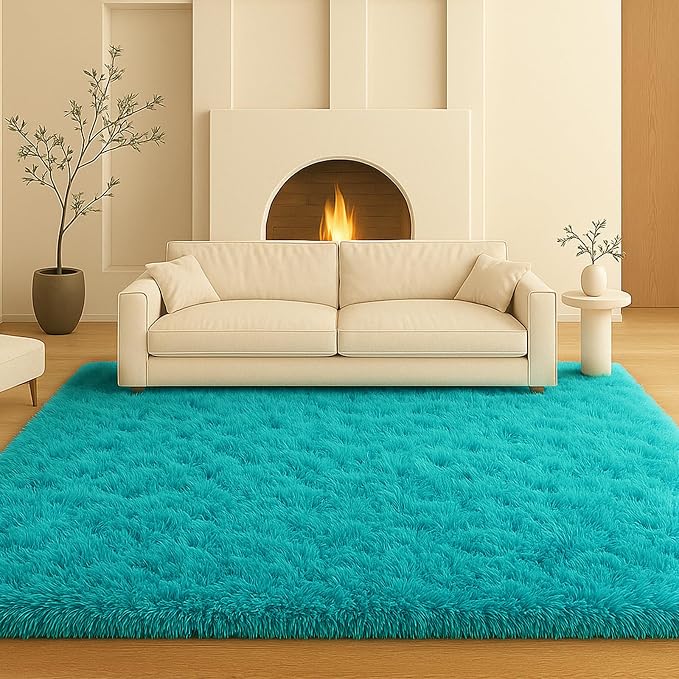 Teal Blue Plush Rug 6x9, Fluffy Shag Carpet Non-Slip, Area Rug - Image 8