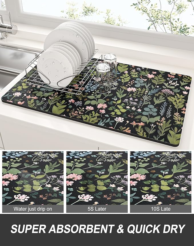 Rnivvi Dish Drying Mat for Kitchen Counter, XL 15 x 24" Cute Flower Theme Super - Image 3