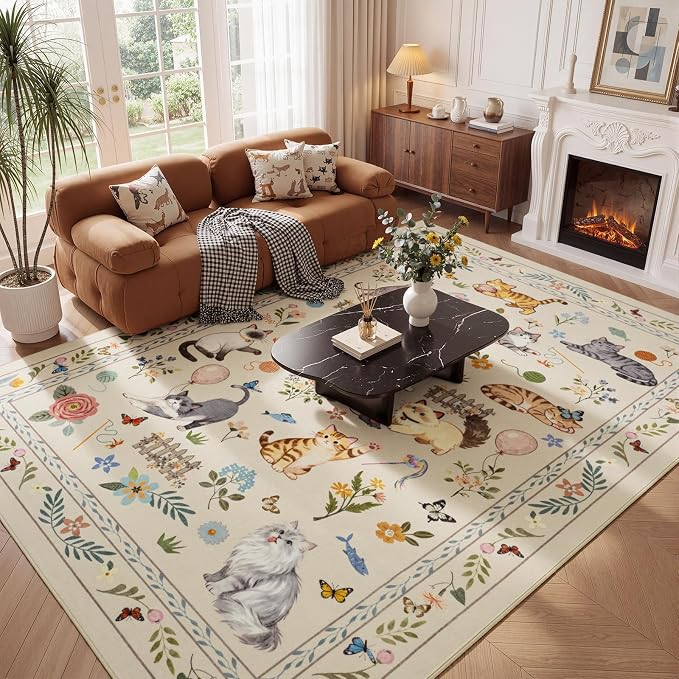 Unirea 9x12 Beige Cat Area Rug for Living Room, Large Soft Washable Kids Rug - Image 8