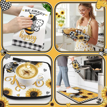 Fourluoo 10 Pcs Bee Kitchen Decor Set Kitchen Towels Rugs Oven Mitts and Pot - Image 7