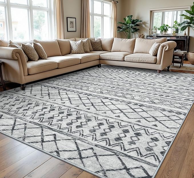 KUTA Washable Rugs 9x12 Grey, Moroccan Boho Large Area Rug Non-Slip, Ultra Soft by KUTA