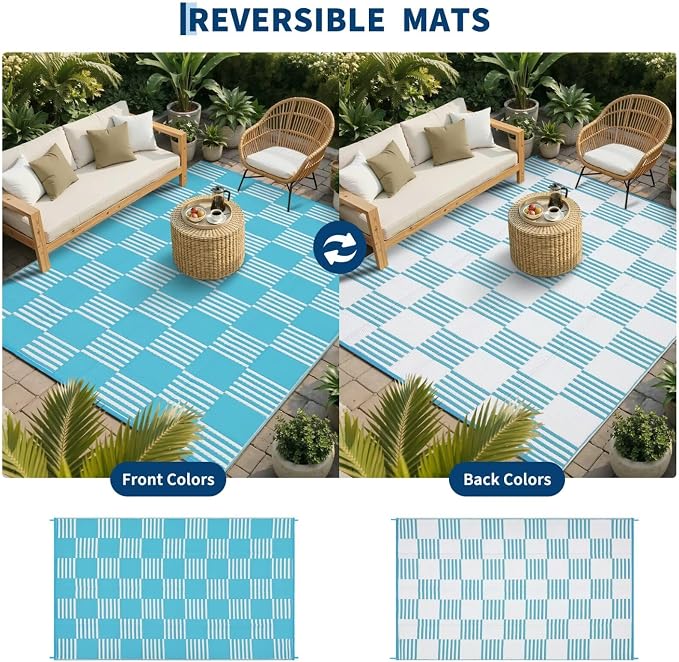 Garvee Waterproof Outdoor Rug 6x9, Checkered Foldable Plastic Straw Patio - Image 3