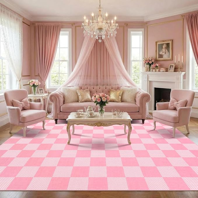 GarveeHome Checkered Blush Pink and White 6x9 Area Rugs Geometric Diamond Dot - Image 3