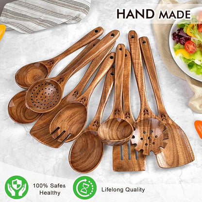 Wooden Spoons for Cooking, Comfortable Grip Wooden Utensil Set for Nonstick - Image 6