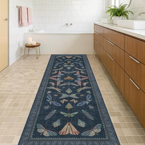 2x7 Navy Blue Bathroom Runner Rug, Washable Vintage Insect Carpet by HazoHaus