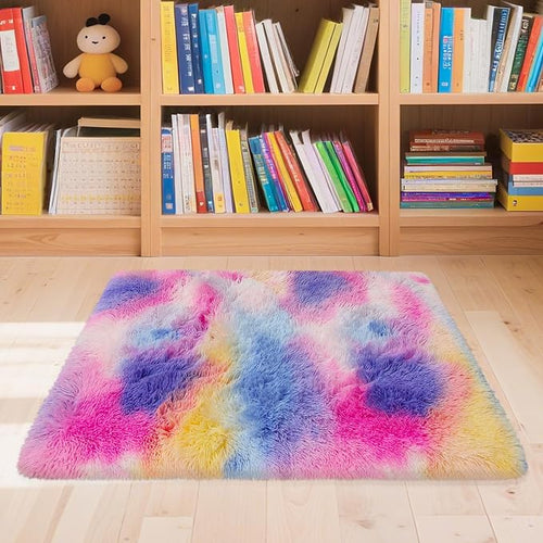 2x3 ft Small Throw Rugs Furry, Non Slip Mini Area Rug, Fluffy Tie-Dyed Rainbow - Image 2