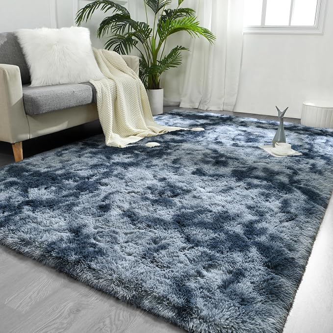 FlyDOIT Large Area Rugs for Living Room, 4x6 Feet Tie-Dyed Blue Grey Shaggy Rug by FlyDOIT