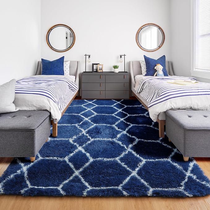 ONASAR Large 8x10 Area Rugs for Living Room, Fluffy Geometric Navy and White - Image 7