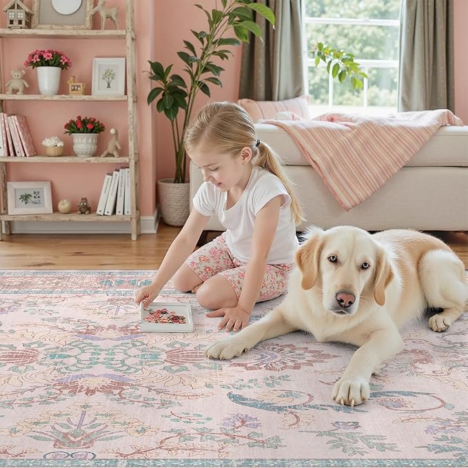 DCX 9x12 Pink Vintage Floral Rug, Machine Washable Non Slip Low Pile Carpet - Image 7