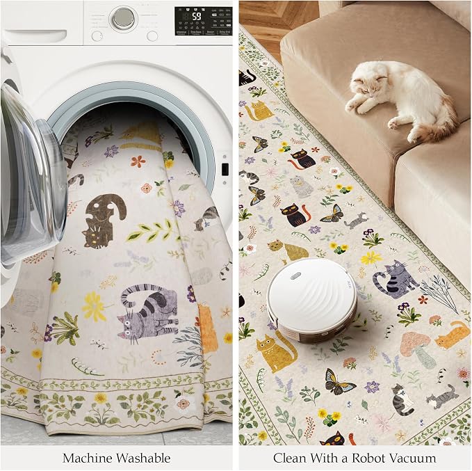 Washable 2x10 Hallway Runner Rug: Non Slip Soft Long Low Pile Animal Cat Print - Image 6