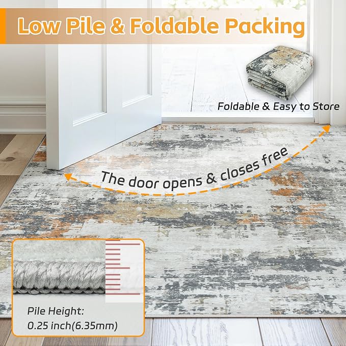 5x8 Area Rugs for Living Room Washable: Abstract Soft Thin Low Pile Grey Rug - Image 7