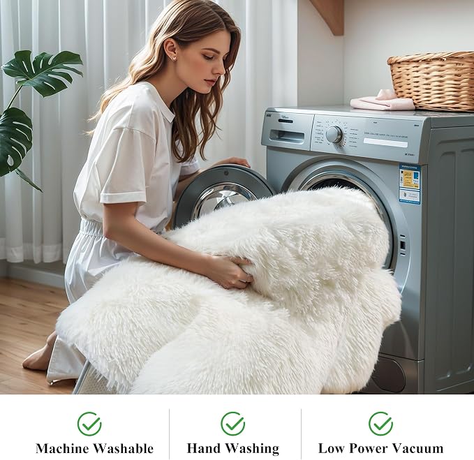 KCHOWUA Cream White Fluffy Area Rug - Image 5