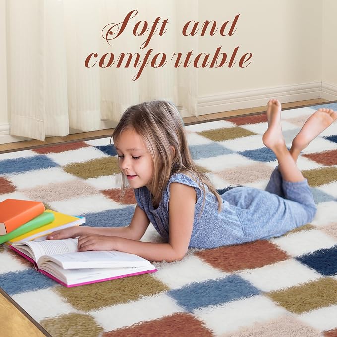 Super Soft Rug for Bedroom, 4x6 Ft Rainbow Area Rug Classic Checkered Shaggy - Image 3