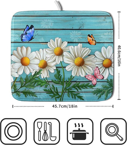 Daisy Dish Drying Mat for Kitchen Counter 16x18in Turquoise Daisy Old Wooden - Image 2