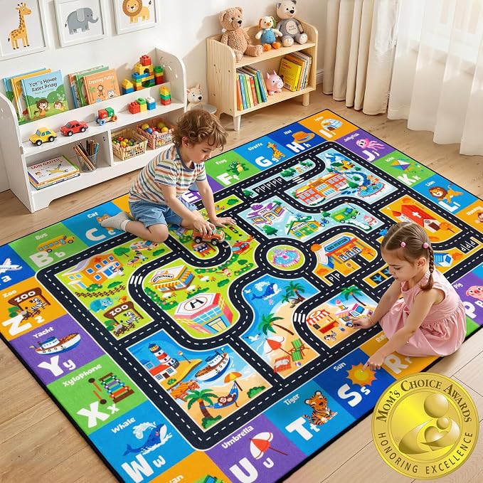 Kids Rug with Car Track Roads, Road Map Rug by Unknown