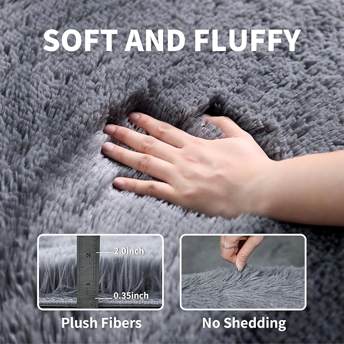KICHOWUA 4x6 Grey Fluffy Shag Rug - Image 3